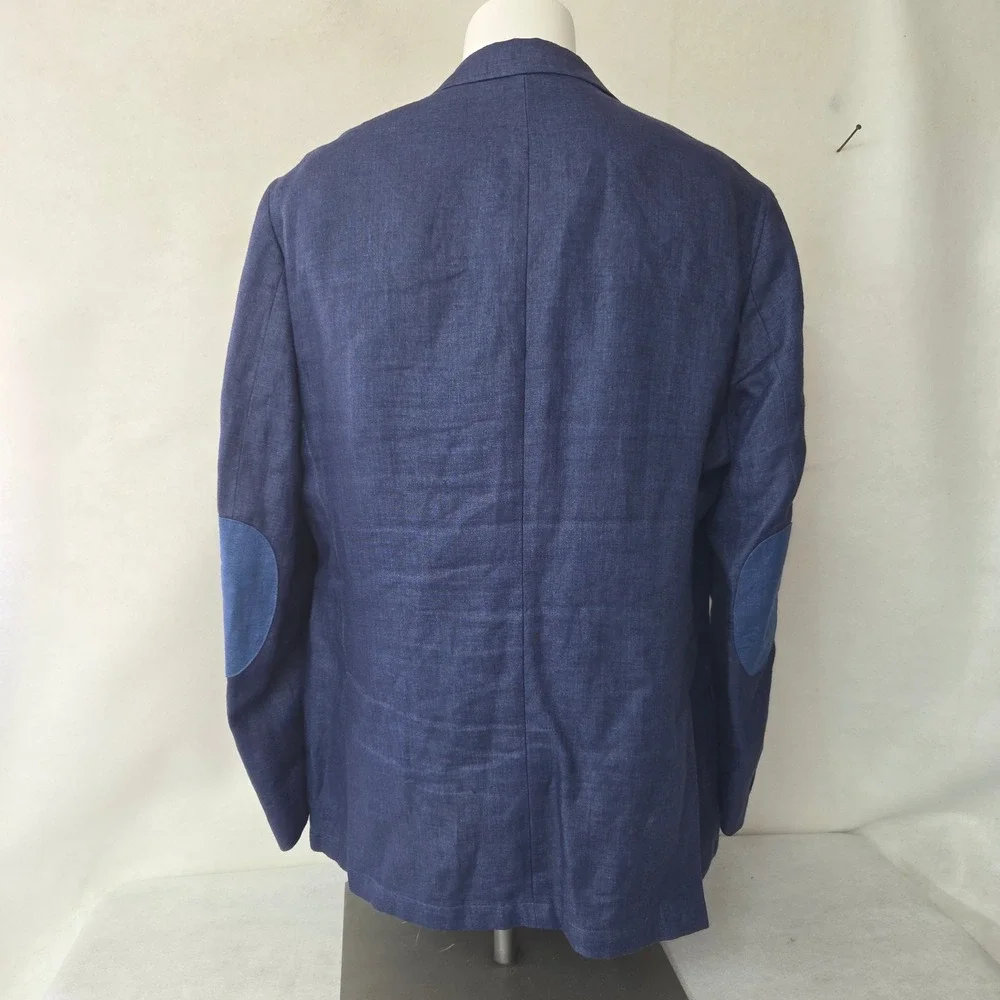 Cremieux Classics Blazer Mens Large Blue Linen Elbow‎ Patches Sport Coat Preppy
